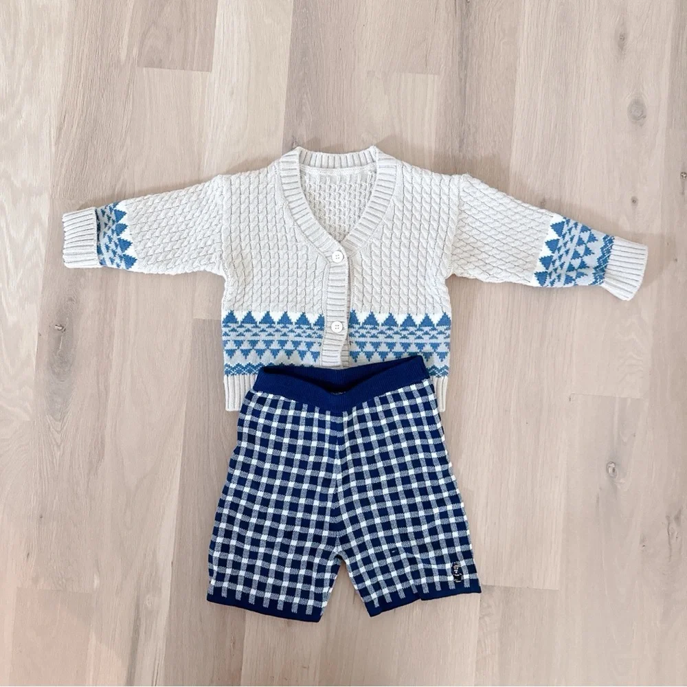 Hand-knit toddler/baby wool fair isle holiday cardigan and cotton plaid shorts